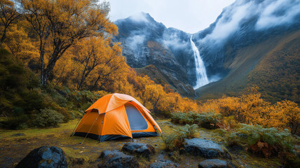 vibrant orange tent nestled in scenic landscape with waterfall and autumn foliage