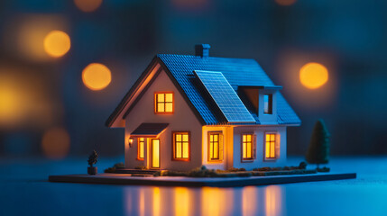 Poster - Miniature model house with glowing windows and solar panels on roof, showcasing sustainable living and renewable energy at night