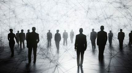 Poster - Businesspeople walking towards a bright future, connected by a network of lines in silhouette
