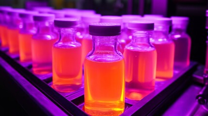Aufkleber - Bottles filled with vibrant orange juice are lined up in a modern ai-assisted production area. The striking purple lighting enhances the colorful appearance of the freshly made beverage.