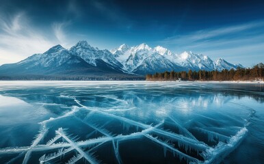 Wall Mural - Blue ice with cracks. Frozen lake under a winter blue sky. Pine hills. Winter. Carpathian, Ukraine, Europe