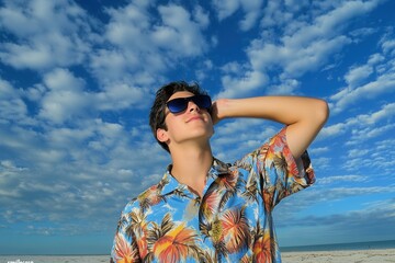 A young man in a Hawaiian shirt enjoys a tropical holiday by the ocean