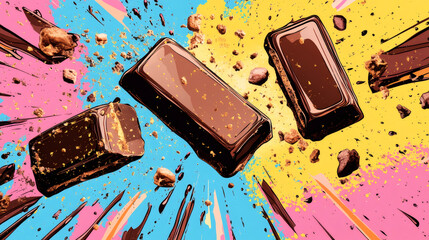Aufkleber - Vibrant and energetic scene: chocolate bars exploding against a colorful pop art backdrop with cookie crumbs