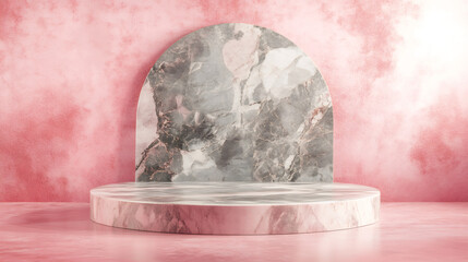Poster - Elegant and minimalist showcase with pink marble pedestal, pink watercolor background, and marble half circle backdrop displaying products