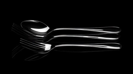 Poster - Shiny Spoon and Forks Reflecting on Black Background