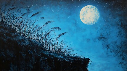 Wall Mural - Nighttime Cliffside Grass Underneath a Full Moon