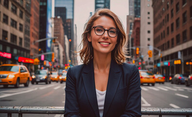 Poster - Woman wearing glasses and a black suit is smiling in front of a building. She is standing on a sidewalk next to a street