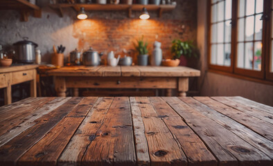 Poster - Kitchen with a wooden table and a window. There are pots and pans on the table. A potted plant is on the table as well