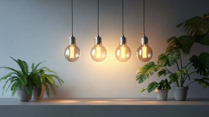 Poster - Vintage light bulbs suspended above potted plants on a shelf cast a warm and welcoming glow
