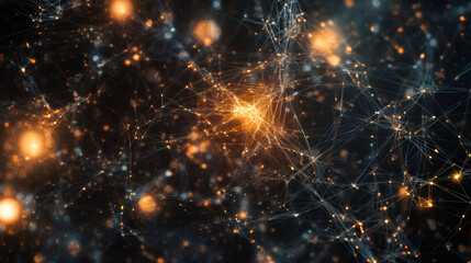 Poster - Complex network of interconnected nodes shining with vibrant orange light against a dark backdrop, symbolizing digital communication and data flow