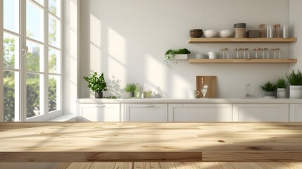 Poster - Bright and Airy Modern Kitchen with Natural Light, Open Shelves, and Minimalist Decor Featuring Wood Countertops and Fresh Green Plants