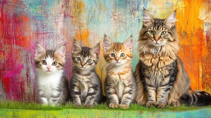  A petite kitten, a mid-sized tabby, and a majestic large cat sit on vivid green grass, framed by a dynamic, sadoodi-inspired colorful background for a lively setting.