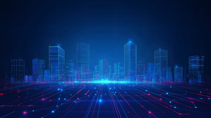 Poster - glowing digital lines and nodes connecting futuristic buildings, symbolizing the smart city concept