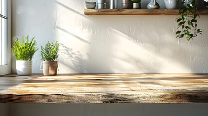 Poster - Bright and Inviting Kitchen Table with Natural Wood Surface and Green Plants, Perfect for Cozy Indoor Spaces and Home Decor Inspiration
