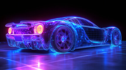 Poster - Innovative automotive design and technology showcased in a dark studio setting by a neon blue and purple sports car