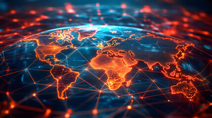 Aufkleber - Planet earth with glowing continents and interconnecting lines representing global communication and data exchange