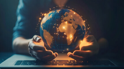 Aufkleber - Businessman showcasing a glowing digital globe above a laptop, representing global connectivity, creativity, and technological progress