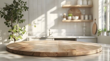 Poster - Modern Kitchen Interior with a Wooden Round Cutting Board on a Marble Surface, Sunlight Streaming Through Windows with Potted Plants in the Background