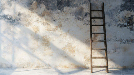 Poster - Sunlight illuminating old wooden ladder leaning against a weathered wall in an empty room, creating a contrast of light and shadow