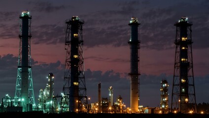 Wall Mural - Glowing industrial towers at dusk.