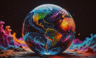 Poster - Colorful globe with a blue and green swirl. The globe is surrounded by a colorful cloud. The globe is in the center of the image