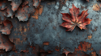 Poster - Close-up of a vibrant red maple leaf lying on a textured, rusty metal surface, creating a striking contrast of color and texture