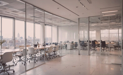 Poster - Large open office space with glass walls and a view of the city. There are many chairs and desks, and a few potted plants