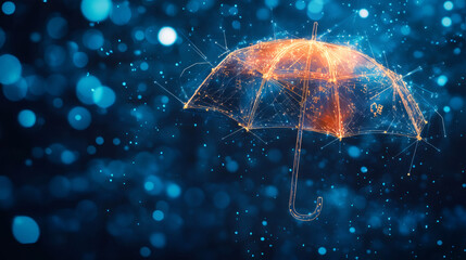 Aufkleber - Low poly orange umbrella glowing while protecting against cyber threats and data breaches in a blurred blue backdrop