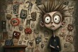 © Iswanto - A boy with wide eyes stands against a wall covered in eerie, abstract art and faces.