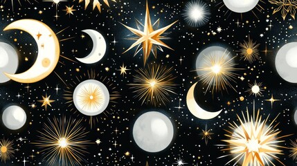 Wall Mural - a celestial pattern featuring moons, stars, and glowing orbs against a dark background.