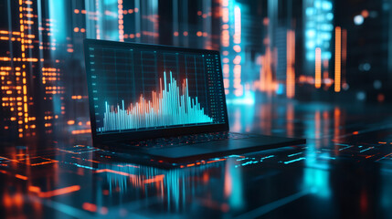 Poster - Laptop screen shows rising bar graph, symbolizing advancement and expansion in technology sector