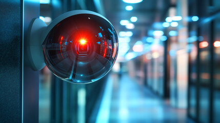 Aufkleber - Contemporary security camera capturing an empty corridor under red light for modern surveillance and safety measures