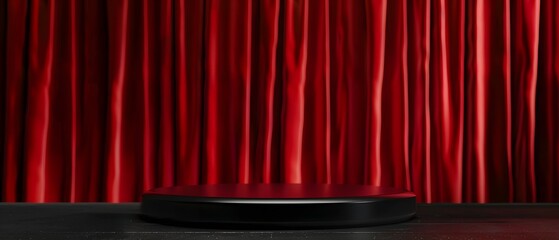 Poster - A Dramatic Stage Setting with Rich Red Velvet Curtains and a Circular Display Platform Perfect for Showcases, Presentations, or Performances in a Theatre Environment