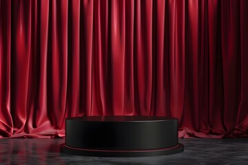 Poster - Elegant Red Curtain Stage with Round Pedestal in a Dimly Lit Environment Ideal for Presentations, Performances, and Theater Productions