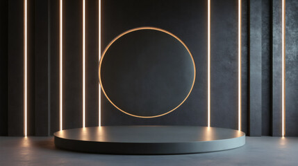 Poster - Modern studio with neon lights and circle frame, perfect for showcasing products on a round gray pedestal