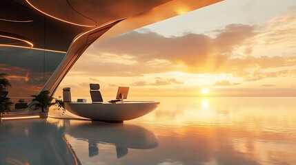 Wall Mural - Futuristic Office Overlooking Ocean Sunset