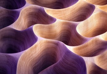 Poster - Abstract close-up view of intricately undulating wooden textures showcasing smooth curves and organic forms with rich shades of brown, purple, and cream blending seamlessly together