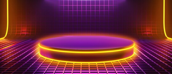Poster - Vibrant Neon Stage with Illuminated Curved Platform and Grid Background Perfect for Music Events, Presentations, or Creative Showcases in a Futuristic Setting