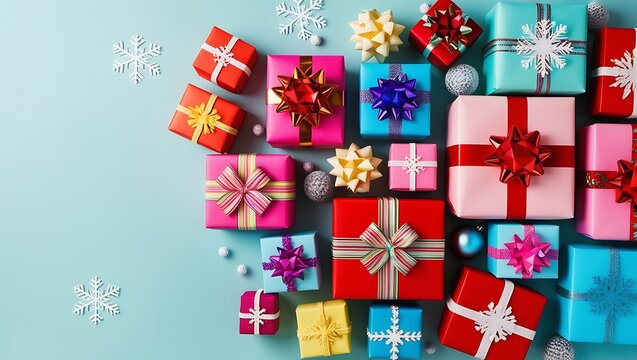 Christmas and happy new year sale baner, snowflakes and gift boxes, bright colors, 3D illustration.