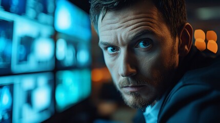 Poster - Serious man monitors security screens in control room.