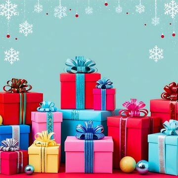 Christmas and happy new year sale baner, snowflakes and gift boxes, bright colors, 3D illustration.