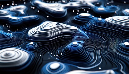 Poster - Abstract landscape with intricate topographic lines in fluid shapes, illuminated by soft ethereal glow, creating a captivating futuristic environment for digital design.