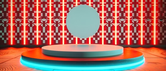 Poster - Futuristic Showcase Scene Featuring Floating Circular Object with Vibrant Red and Blue Colors in a Geometric Pattern Background for Creative Design Applications