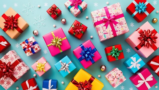 Christmas and happy new year sale baner, snowflakes and gift boxes, bright colors, 3D illustration.