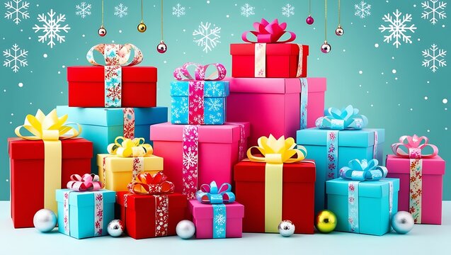 Christmas and happy new year sale baner, snowflakes and gift boxes, bright colors, 3D illustration.