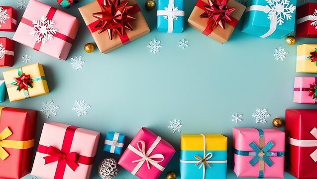Christmas and happy new year sale baner, snowflakes and gift boxes, bright colors, 3D illustration.