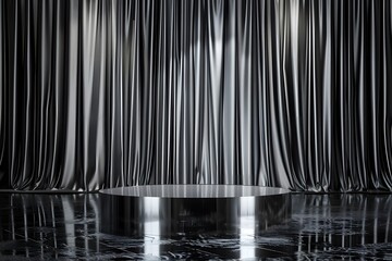 Poster - Elegant Showcase with Shiny Circular Platform Surrounded by Opulent Metallic Drapery and Reflective Flooring to Highlight Your Product or Performance
