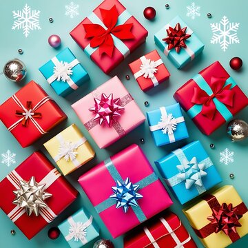 Christmas and happy new year sale baner, snowflakes and gift boxes, bright colors, 3D illustration.