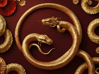 Wall Mural - Golden snake on a red background for Lunar New Year 2025.