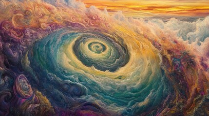 Wall Mural - A vibrant, swirling vortex of colors depicting a cosmic scene with clouds and light.